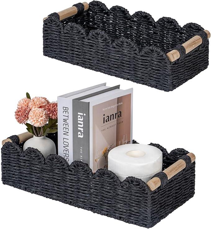 CubesLand Decorative Toilet Paper Storage Basket, Modern Farmhouse Home Decor Basket for Organizing, Scalloped Pantry Baskets for Shelves, Countertop, Living Room, w/Wood Handles, Black 2 Sizes - ModernBath