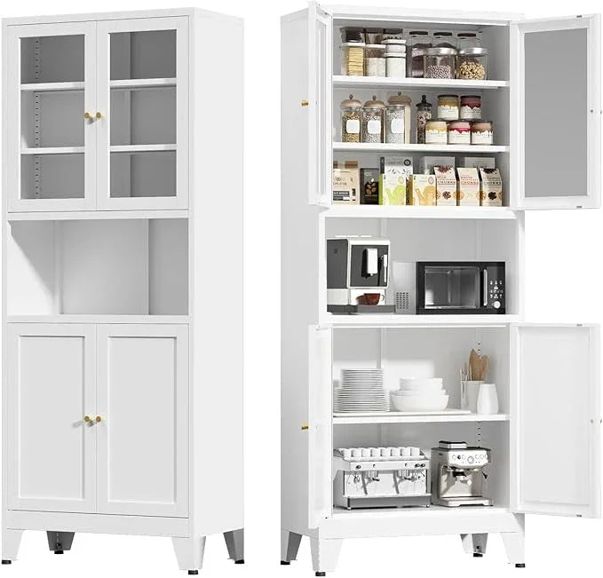 Metal Kitchen Pantry Cabinet, 69" Tall Storage Cabinet with 4 Doors and 3 Adjustable Shelves, Freestanding Cupboards for Dining Room, Living Room, Bathroom (White-Glass, 69" H) - ModernBath