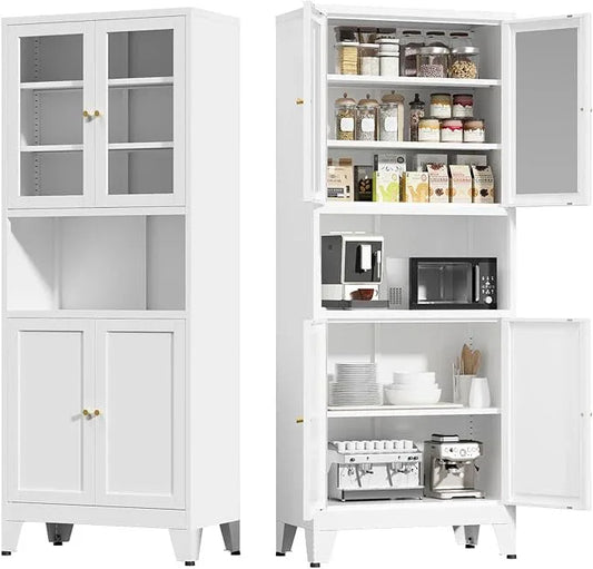 Metal Kitchen Pantry Cabinet, 69" Tall Storage Cabinet with 4 Doors and 3 Adjustable Shelves, Freestanding Cupboards for Dining Room, Living Room, Bathroom (White-Glass, 69" H) - ModernBath