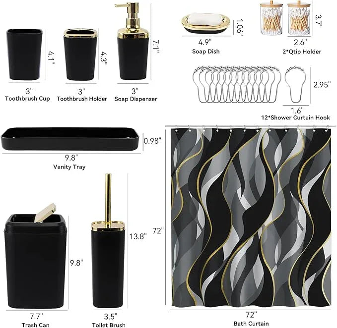 XLHOMO Black Bathroom Set, Bathroom Sets with Stripe Shower Curtain, Black and Gold Bathroom Accessories with Trash Can, Soap Dispenser, Soap Dish, Toilet Brush Holder, Qtip Holders for Bathroom - ModernBath