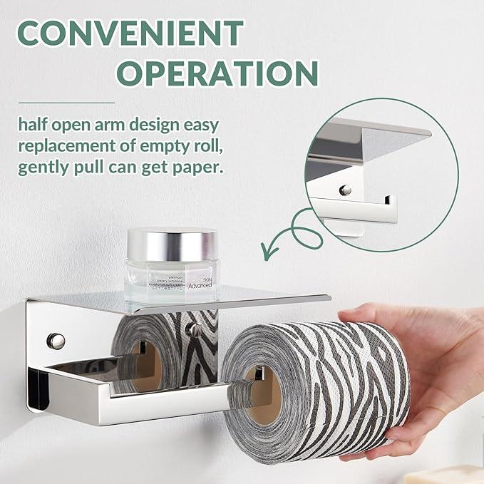 Toilet Paper Holder with Phone Shelf Polished Chrome, APLusee Bathroom Accessories 304 Stainless Steel Tissue Roll Dispenser Storage Wall Mounted - ModernBath
