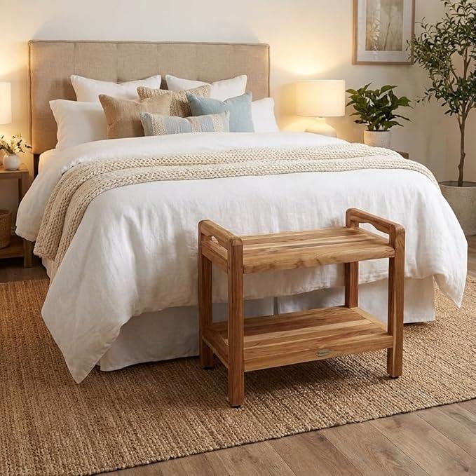 EcoDecors Eleganto 24 Inch Natural Color Waterproof Teak Wood Shower Bench Stool Seat Chair For Inside Shower Provides Safety, Storage, and Organization For Bathroom Accessories - ModernBath