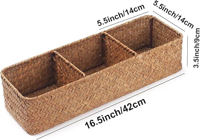 Seagrass Tank Basket for Toilet Paper 3 Sections Woven Storage Basket with Large Compartment Natural (16.5inch x 5.5inch x 3.5inch) - ModernBath