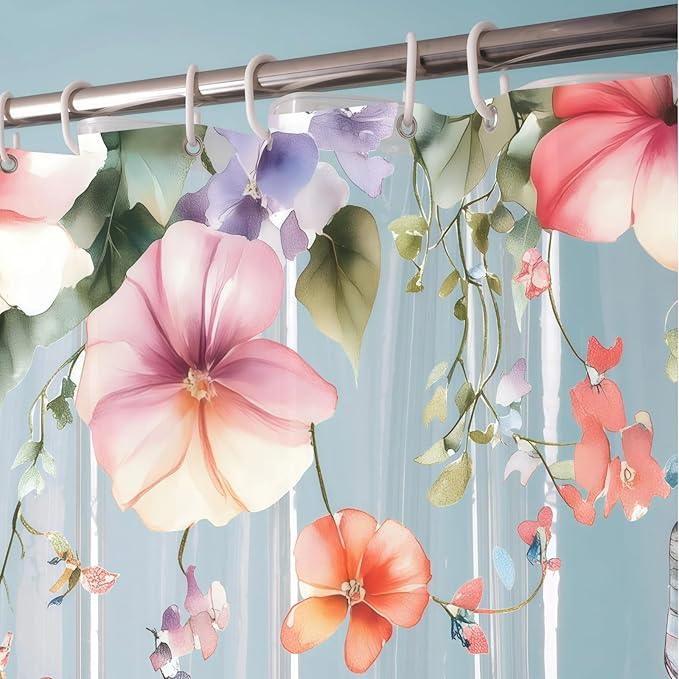 CAPQL Clear Colorful Floral Butterfly Shower Curtain Liner, Plastic Pretty Nature Plant Shower Curtains for Bathroom, 72x72 Weighted Magnetic Shower Curtain Set with 12 Hooks - ModernBath