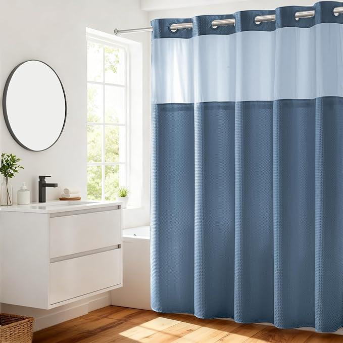 River Dream Blue Shower Curtain No Hooks Required Dotted Waffle Weave Shower Curtain with Snap in Liner - 71W x 74H,Hotel Grade,Spa Like Bath Curtain,Moonlight Blue - ModernBath