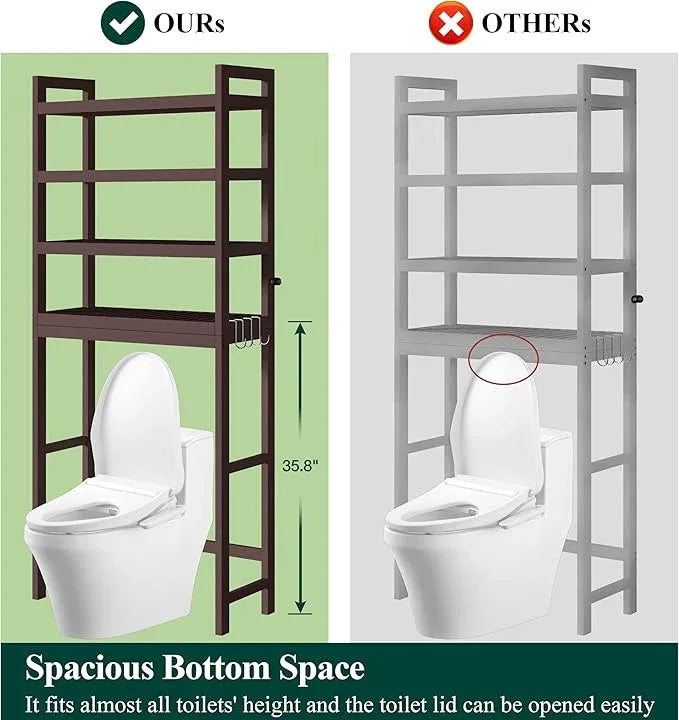 Smiry Over The Toilet Storage Cabinet, 4-Tier Bamboo Bathroom Organizers with Adjustable Shelf & 4 Hooks, Space Saving Shelf Rack for Bathrooms, Laundry Room, Balcony, Brown - ModernBath