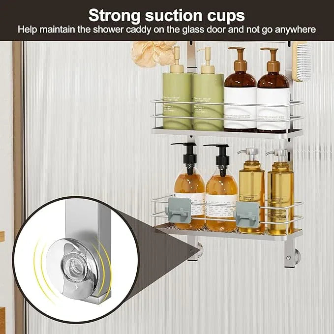 Orimade Adjustable Hanging Over the Shower Door Caddy,Bathroom Organizer Shelf Storage with 4 Hooks for Razor,No Drilling Rustproof Shower Rack Basket, 4 Tier, Silver - ModernBath