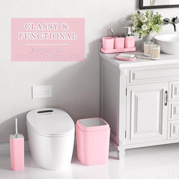 XLHOMO Pink Bathroom Accessory Set, Plastic Bathroom Set with Tray, Soap Dispenser, Toothbrush Holder, Toothbrush Cup, Soap Dish, Toilet Brush, Trash Can and Q-tip Holders for Bathroom/Housewarming - ModernBath