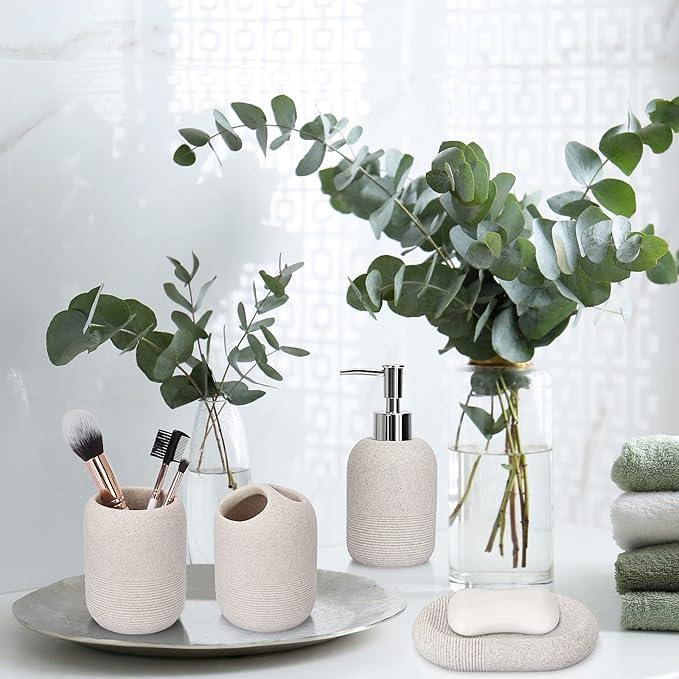 L'ARL GMVOI Bathroom Accessory Set,4 Piece Bathroom Decor Accessories Sets with Lotion Soap Dispenser,Toothbrush Holder,Bathroom Tumbler,Soap Dish for Bathroom Vanity Countertop Accessories,Beige - ModernBath