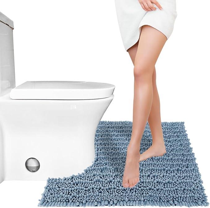 Yimobra Toilet Rug U Shaped Washable 24x20 Inch - Ultra Soft Absorbent Chenille Bath Rugs for Toilet, Quick Dry & Machine Washable, Non Slip Contour Bathroom Mat, Denim Blue - ModernBath