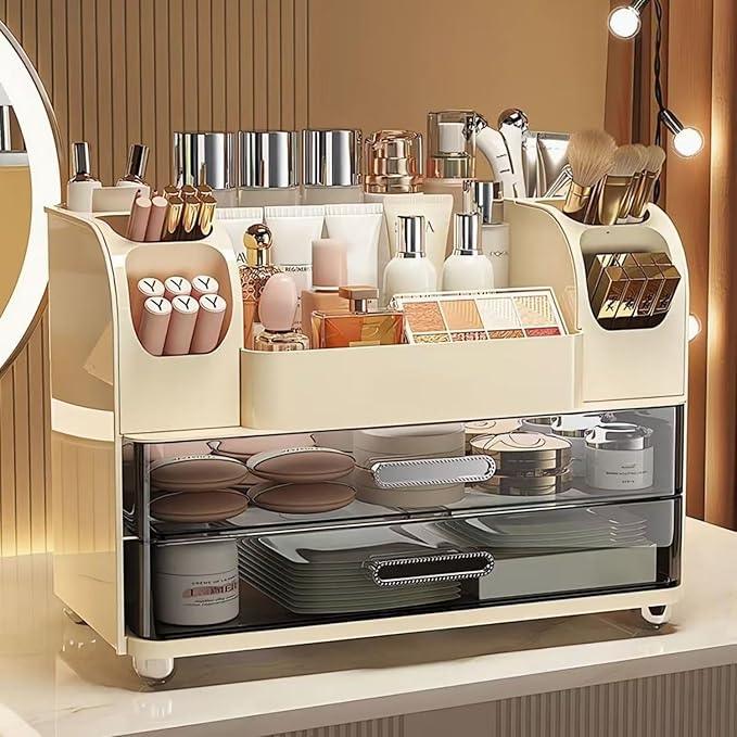 Makeup Organizer with Drawers for Vanity,Bathroom Countertop Organizer with Brushes Holder,Skincare Storage Organizer,Perfect Cosmetic Display Case for Skincare,Lipstick and Beauty Essential (Cream) - ModernBath