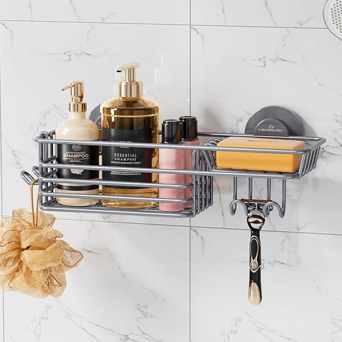 LEVERLOC Shower Caddy Suction Cup, Heavy Duty Bathroom Organizer for Inside Shower with Hooks & Soap holder， NO-Drilling Bathroom Holder-Grey - ModernBath