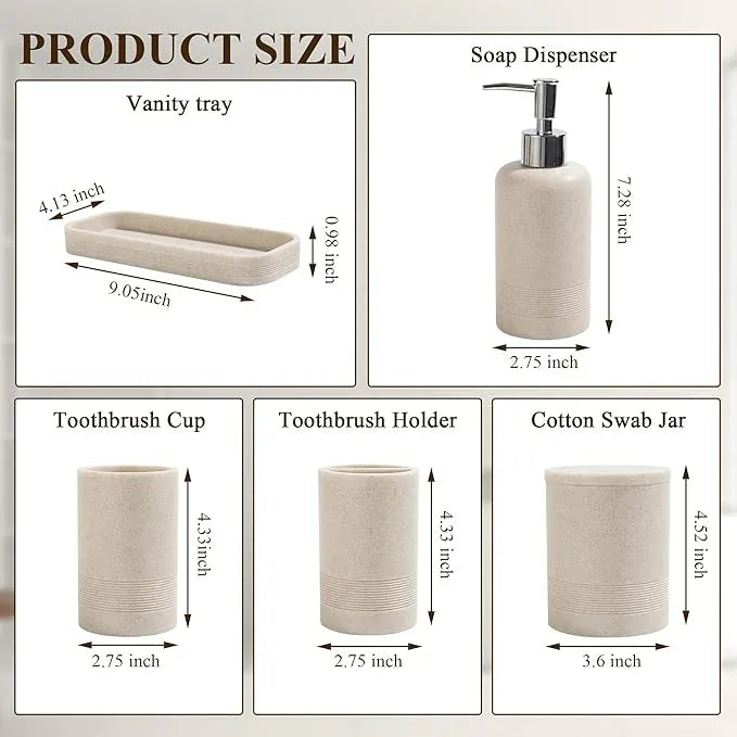 Bathroom Accessories Set, 6-Piece Bathroom Accessory Set, Toothbrush Holders Set, Soap Dispenser, Vanity Tray, Tumbler, Cotton Swab Jars, Bathroom Organizer for Modern Bathrooms(Beige) - ModernBath