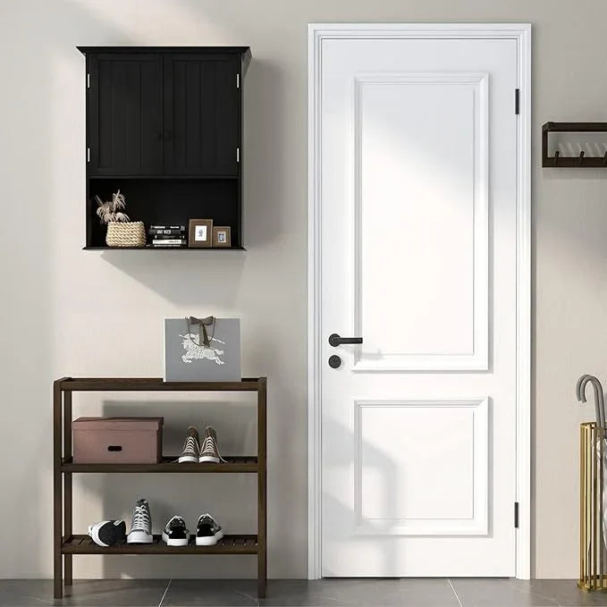 Tangkula Wall Mount Bathroom Cabinet Wooden Medicine Cabinet Storage Organizer with 2-Doors and 1-Shelf Cottage Collection Wall Cabinet (Black) - ModernBath