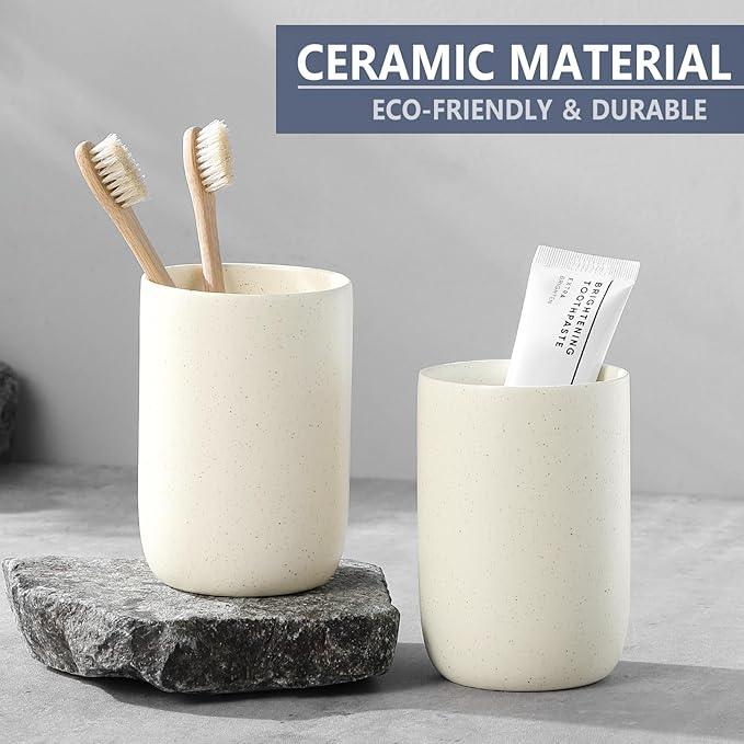 BSDISP Beige Toothbrush Holders for Bathrooms - 2 Cups Ceramic Toothbrush Toothpaste Holders Set, Beige Bathroom Tumbler Cups Reusable Toothbrush Mouthwash Cup, Bathroom Counter Organizer - ModernBath