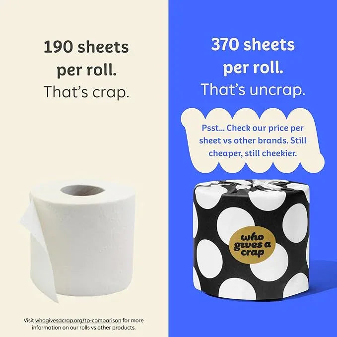 Who Gives A Crap 100% Bamboo Toilet Paper, 48 Rolls, 3 Ply, 370 Sheets, Long, Strong & Soft Toilet Tissue, Sustainable, Biodegradable, Renewable, Tree Free Bathroom Tissue Bulk Toilet Paper - ModernBath