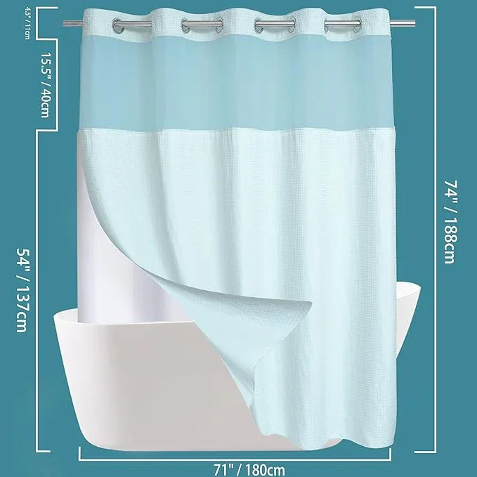 Conbo Mio No Hook Waffle Weave Shower Curtain with Snap in Liner Set, Hotel Luxury Blue Shower Curtains for Bathroom with See Through Top Window, Waterproof, Washable 71W x 74H - ModernBath