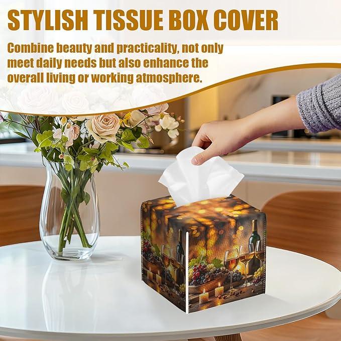 Vintage Wine Glass Tissue Box Cover 2PCS, Leather Tissue Box Holder Square Facial Paper Case Tissue Box Cube Organizer for Bathroom Bedroom Desk Office - ModernBath
