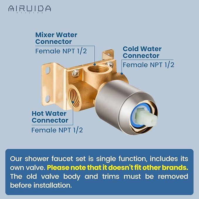 Airuida Shower Faucet Set Bathroom Rain Shower System 8 Inch Square Showerhead Single Function 1 Handle Trim Kit with Female Thread Rough-in Valve Cover Plate with H and C Labels Brushed Nickel - ModernBath