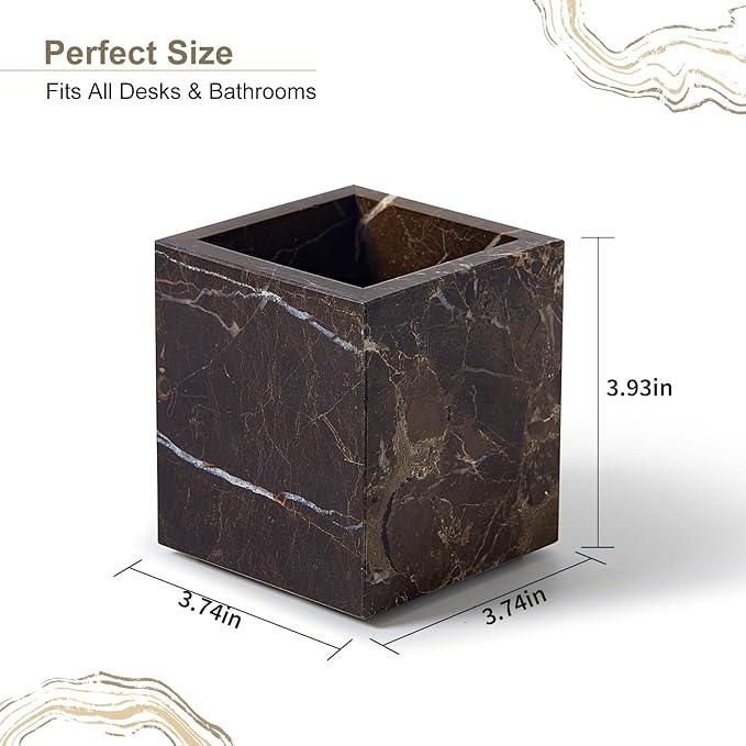 Real Natural Travertine Marble Toothbrush Holder & Pen Holder & Makeup Brush Holder & Utensil Holder, Genuine Stone Rectangular Bathroom Tumbler Cup, Durable Office & Home Countertop Organizer - ModernBath