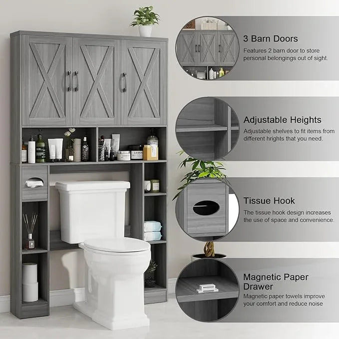 Over The Toilet Storage Cabinet, Farmhouse Toilet Cabinet Rack with 3 Barn Doors, Space Saving Bathroom Organizer with Shelves, Toilet Paper Holder and Towel Rack for Bathroom,Restroom,Laundry - ModernBath