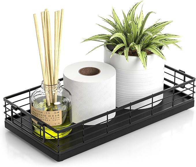 JNFUZ Toilet Paper Basket, 13 Inch Oak and Iron Tank Tray Top of Toilet Storage Toiletries Organizer for Bathroom, Living Room and Kitchen (Black) - ModernBath