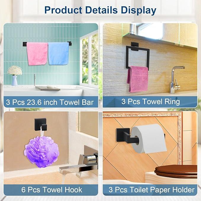 15 Pieces Bathroom Hardware Set, Matte Black Bathroom Accessories Set, Towel Racks for Bathroom, 23.6 Inch Bath Towel Bar Set Stainless Steel, Toilet Paper Holder Wall Mounted, Towel Ring, Towel Hook - ModernBath