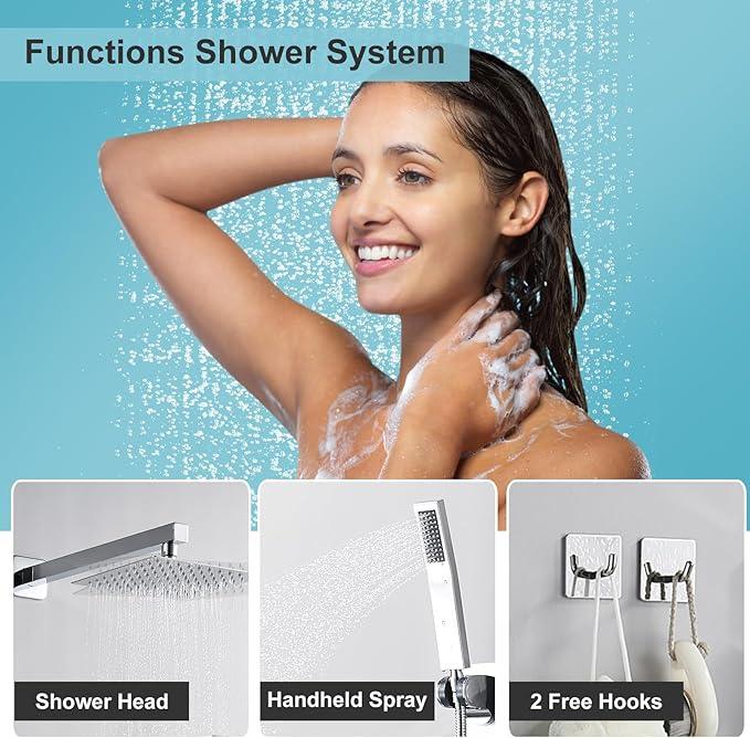 RTTWYYUU Chrome Shower System 8 Inch, Rain Shower Head with Handheld Spray, Luxury Rain Shower Set Square Wall Mount for Bathroom with Rain Shower and Handheld Shower System - ModernBath