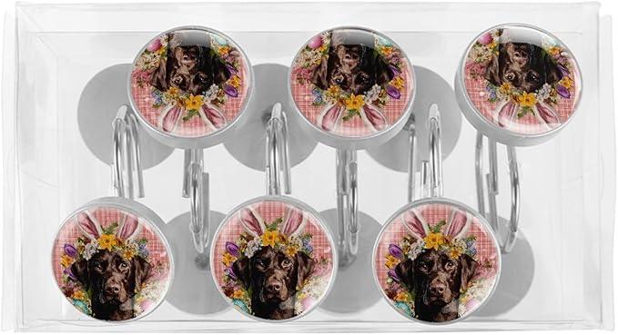 Dog and Easter Eggs Shower Curtain Hooks 12Pcs, Decorative Rust Resistant Shower Rings for Shower Curtain Rods, Stainless Steel Round Curtain Hooks for Bathroom, Bedroom, Farmhouse - ModernBath