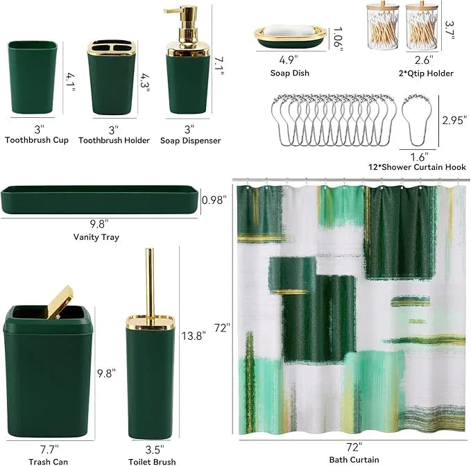 XLHOMO Green and Gold Bathroom Accessories Set, Bathroom Sets with Shower Curtain, Green Bathroom Accessories with Trash Can, Soap Dispenser, Soap Dish, Toilet Brush Holder, Qtip Holders - ModernBath