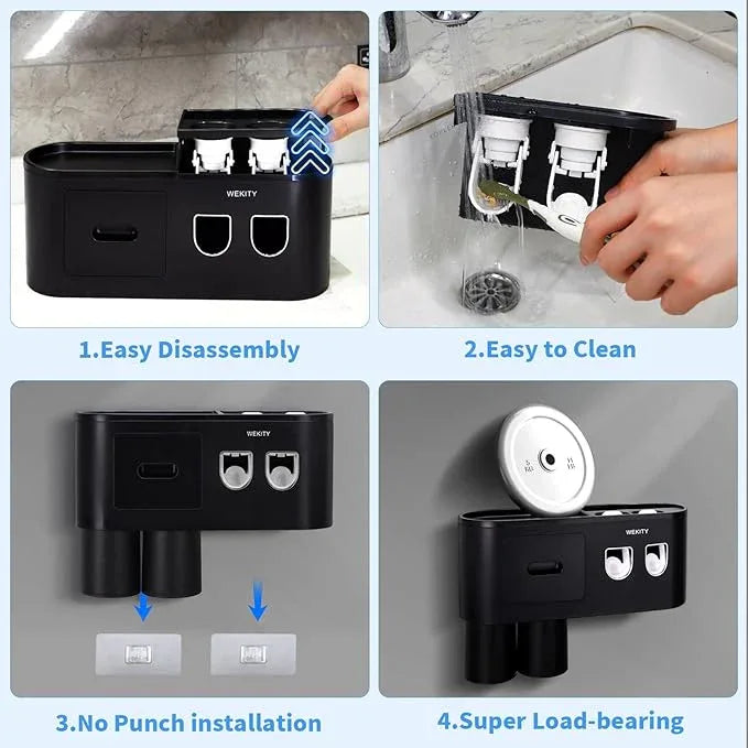 Multifunctional Wall-Mounted Toothbrush Holder, Automatic Toothpaste Dispenser Space Saving Toothbrush and Toothpaste Holder, with 2 Cups and Drawers Cosmetic Organizer (Black 2 Dispensers) - ModernBath