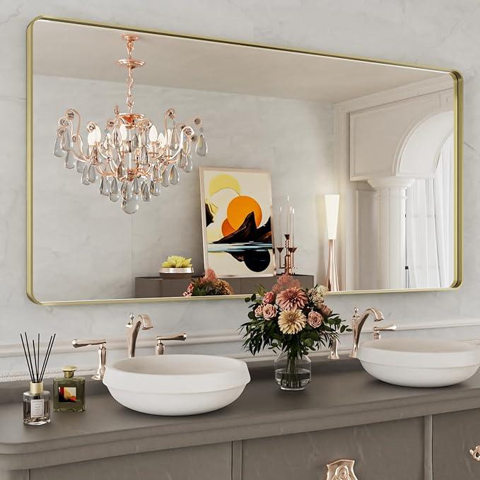 WEER Gold Bathroom Mirror, 60x30 Inch Brushed Gold Metal Frame, Rounded Rectangle Vanity Mirror for Wall, Tempered Glass, Anti-Rust, Hangs Horizontally or Vertically - ModernBath