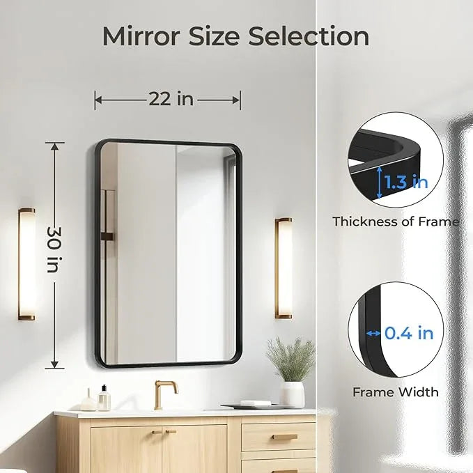 USHOWER Black Bathroom Mirror for Over Sink 22 x 30 Inch, Matte Black Rectangle Mirror for Wall, Rounded Metal Frame Vanity Mirror - ModernBath