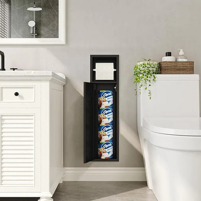 Recessed Toilet Paper Holder, SUS304 Stainless Steel Rustproof Recessed Toilet Paper Holder with Storage Cabinet, in Wall Tissue Paper Holder for Bathroom, Matte Black, 4.7" Depth - ModernBath
