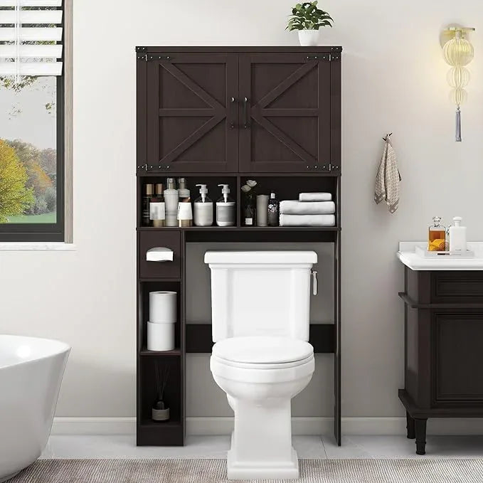 Vabches Over The Toilet Storage Cabinet, Farmhouse Storage Cabinet Over Toilet with 2 Barn Doors & Toilet Paper Holder Stand，Home Space-Saving Toilet Rack, for Laundry, Restroom, Bathroom.Walnut - ModernBath