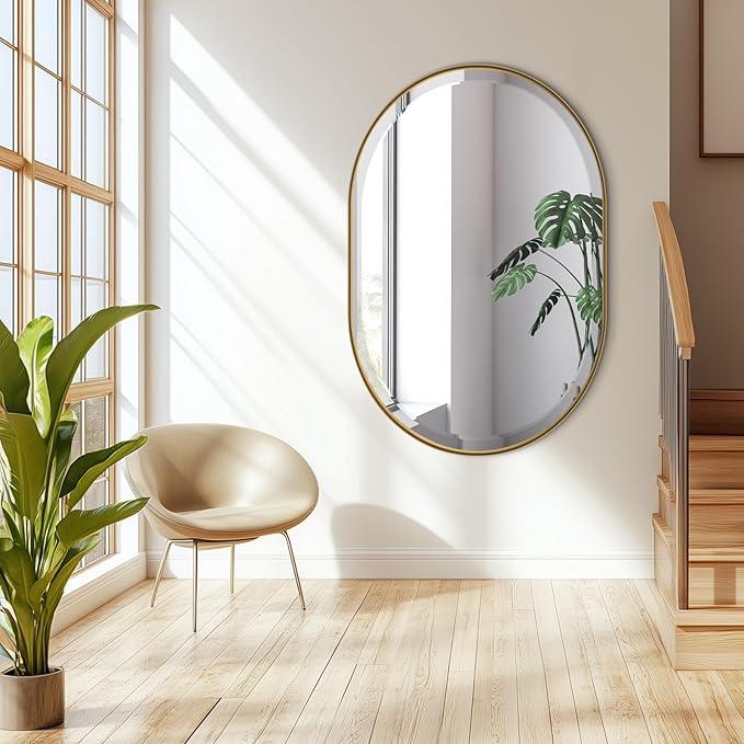 POZINO Oval Mirror Over Sink, Brushed Gold Beveled Mirror, 24"x36" Bathroom Vanity Mirrors with Stainless Steel Frame, Brass Oblong Wall Mirrors for Bedroom Living Room, Hangs Horizontal Or Vertical - ModernBath