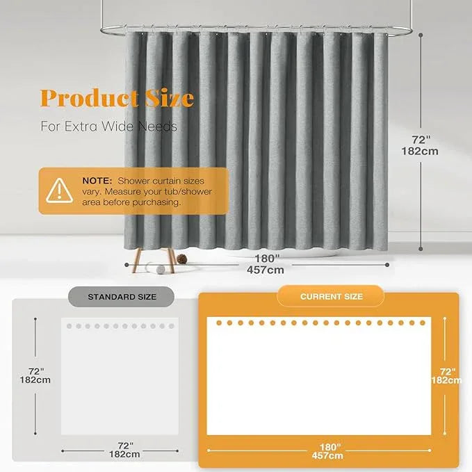 BTTN Extra Long Fabric Shower Curtain - 180x72 Inch Linen Textured Heavy Duty Tall Cloth Shower Curtain Set with 32 Plastic Hooks, Large Hotel Luxury Polyester Shower Curtains for Bathroom, Gray/Grey - ModernBath