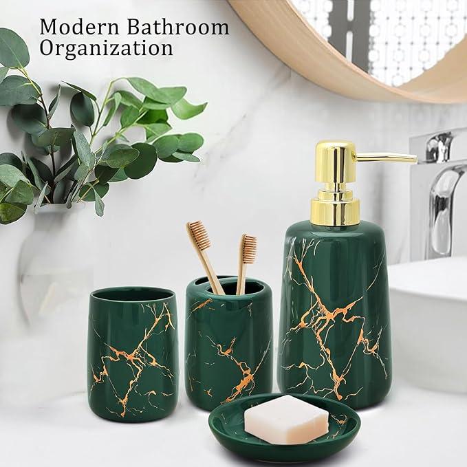 CERBIOR Bathroom Accessories Set,4 Pcs Ceramic Bathroom Decor Accessory,Includes Toothbrush Holder, Toothbrush Cup, Soap Dish for Decorative Countertop and Housewarming Gift(Green 4pcs) - ModernBath