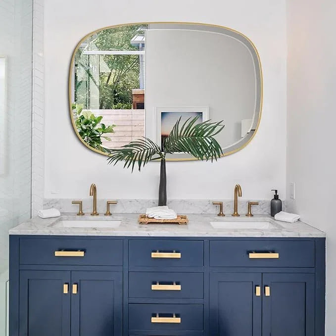 POZINO Gold Bathroom Mirror, 24"x32" Brass Rounded Rectangle Mirrors, Brushed Beveled Mirrors for Over Sink, Modern Vanity Wall Mirror in Premium Stainless Steel Frame Hangs Horizontal Or Vertical - ModernBath