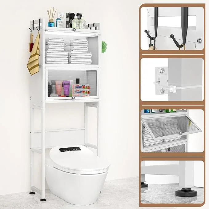 ZZL Over The Toilet Storage Cabinet,3-Tier,Bathroom Toilet Organizer,Waterproof, Cabinet Door Design,Freestanding Space Saver with 4 Hooks for Bathroom,White - ModernBath