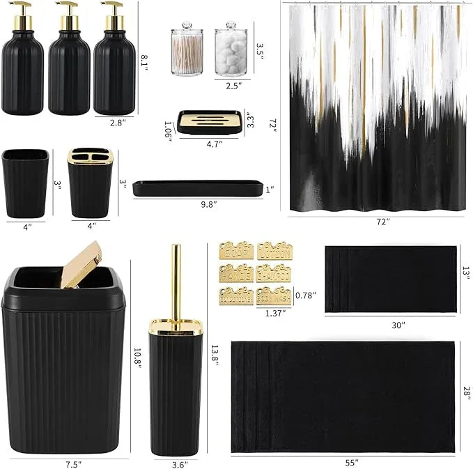 WSBArt 32PCS Bathroom Accessory Set Black Bathroom Accessories Bathroom Set, Shower Curtain Set, 2 Piece Bath Towel Set, 3PC Soap Dispenser, Toilet Brush & Trash Can - ModernBath