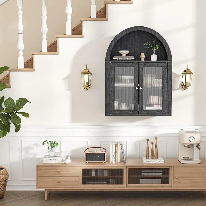 Arched Bathroom Cabinet, Wall Mounted Bathroom Cabinet with Tempered Glass Doors and Adjustable Shelf, for Kitchen, Living Room, Laundry Room, Restroom, Black - ModernBath