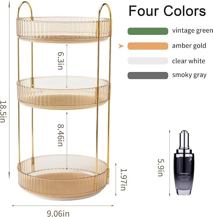 YCIA&DONE 360 Rotating Makeup Organizer and Storage for Vanity Countertop 3 Tiers, High Capacity Cosmetic Skincare Perfume Organizers for Dresser Bathroom Lazy Susan (Amber Gold) - ModernBath