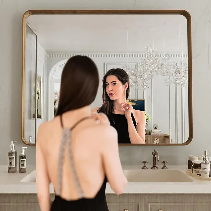 LOAAO 40X32 Inch Bathroom Mirror with Wood Grain Colored Metal Frame, Rounded Rectangle Metal Framed Bathroom Mirror, Anti-Rust, Hangs Horizontally or Vertically, Tempered Glass - ModernBath