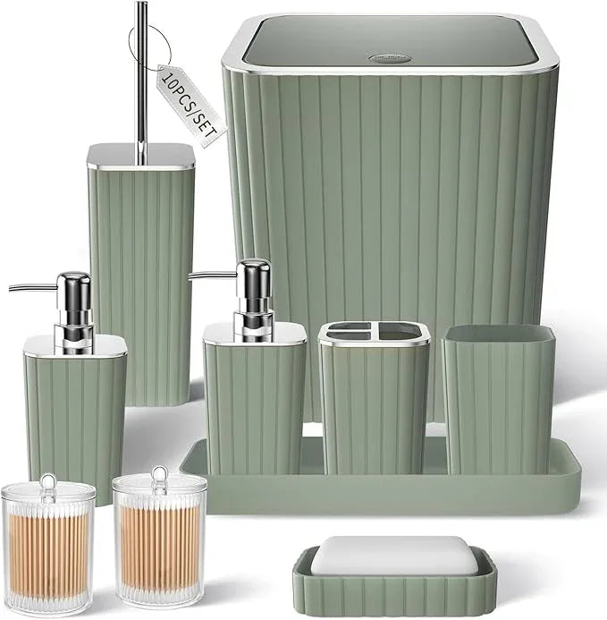 XLHOMO Bathroom Accessories Set - Gorgeous Sage Green Bathroom Set, 10PC Bathroom Accessory Set, Toilet Brush, Trash Can, Qtip Holder Dispenser & Soap Dispenser - ModernBath