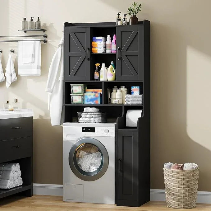 Over The Toilet Storage Cabinet, Bathroom Over Toilet Storage Organizer with Barn Doors and Paper Holder Stand Farmhouse Space Saving Rack Cabinet with Adjustable Shelves for Bathroom, Laundry (Black) - ModernBath