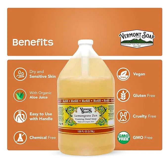 VERMONT SOAP Organics Foaming Hand Soap, Liquid Soap with Pre-diluted Formula - Ready to Use Lemongrass Hand Soap With Convenient and Economical Gallon Refill Size - ModernBath