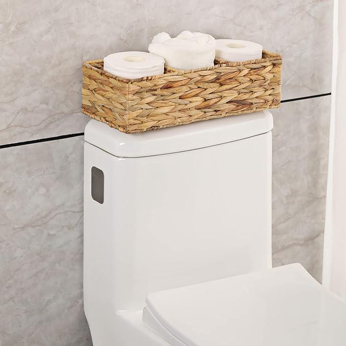 Vagusicc 3 Section Wicker Storage Basket, Hand-Woven Water Hyacinth Storage Baskets, Wicker Baskets for Storage, Toilet Paper Basket for Toilet Tank Top, Small Baskets for Organizing Shelves, 2-Pack - ModernBath