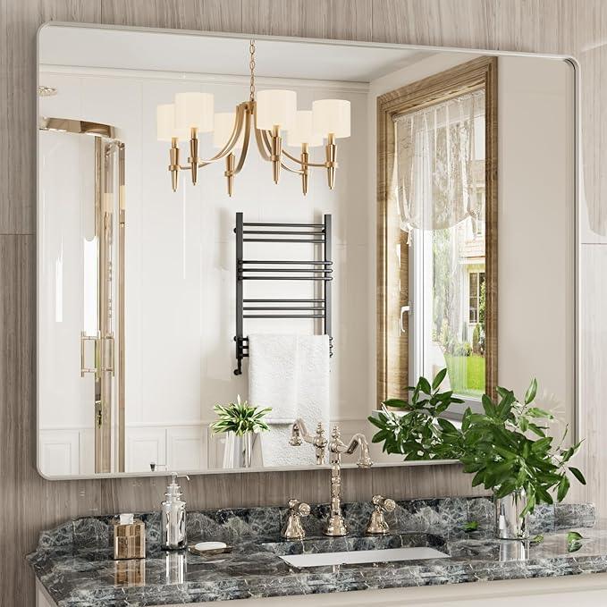JISOSO Brushed Nickel Bathroom Mirror 48x36 Inch, Brushed Silver Metal Frame Mirror Wall Mounted, Rounded Rectangle Bathroom Vanity Mirror, Tempered Glass, Anti-Rust, Horizontal/Vertical - ModernBath