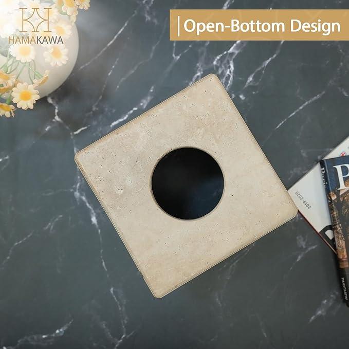 HAMAKAWA Natural Marble Tissue Box Cover, Beige Tissue Organizer 6 x 6 x 6 Inch, Heavy Stone Decorative Box, Square Tissue Box Holder for Home Decor, Kitchen, Bathroom, Bedroom - ModernBath